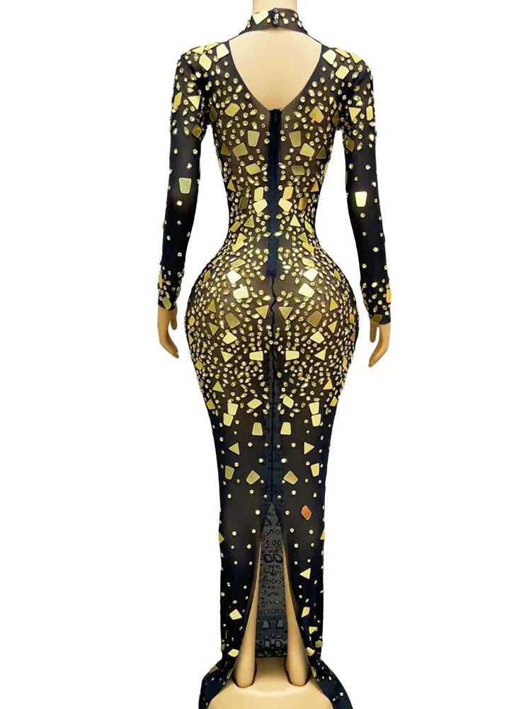 See Through mesh Golden glass embellished evening gown Dress