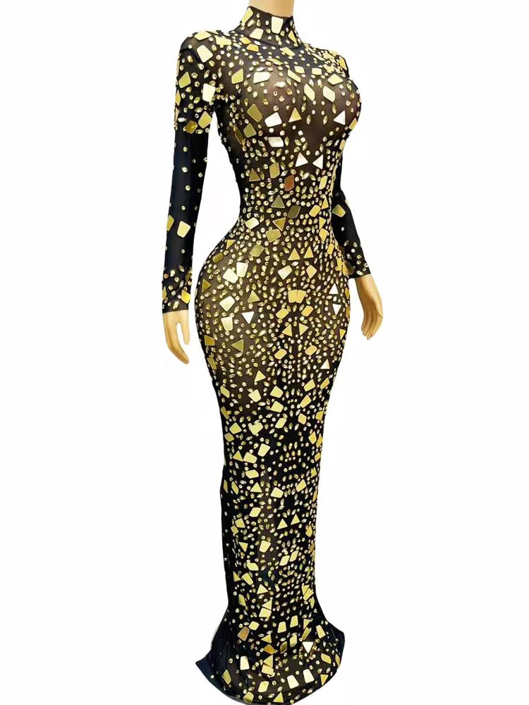 See Through mesh Golden glass embellished evening gown Dress