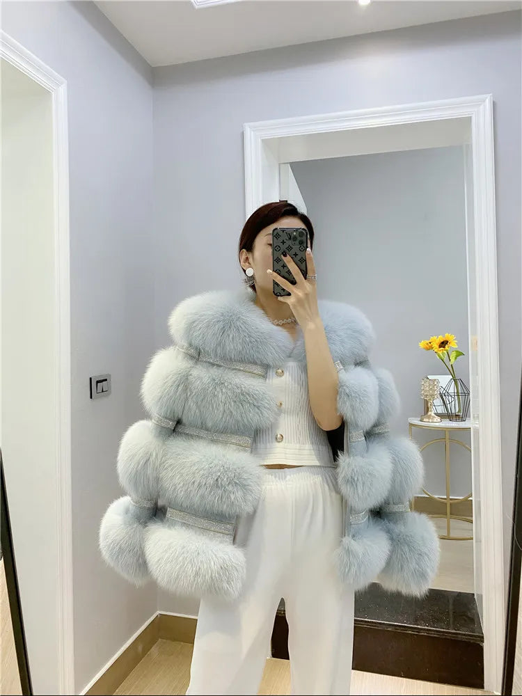 Fox Fur Coat Female Winter Diamond Beading Fox Fur Parkas With Sheep Leather Jacket