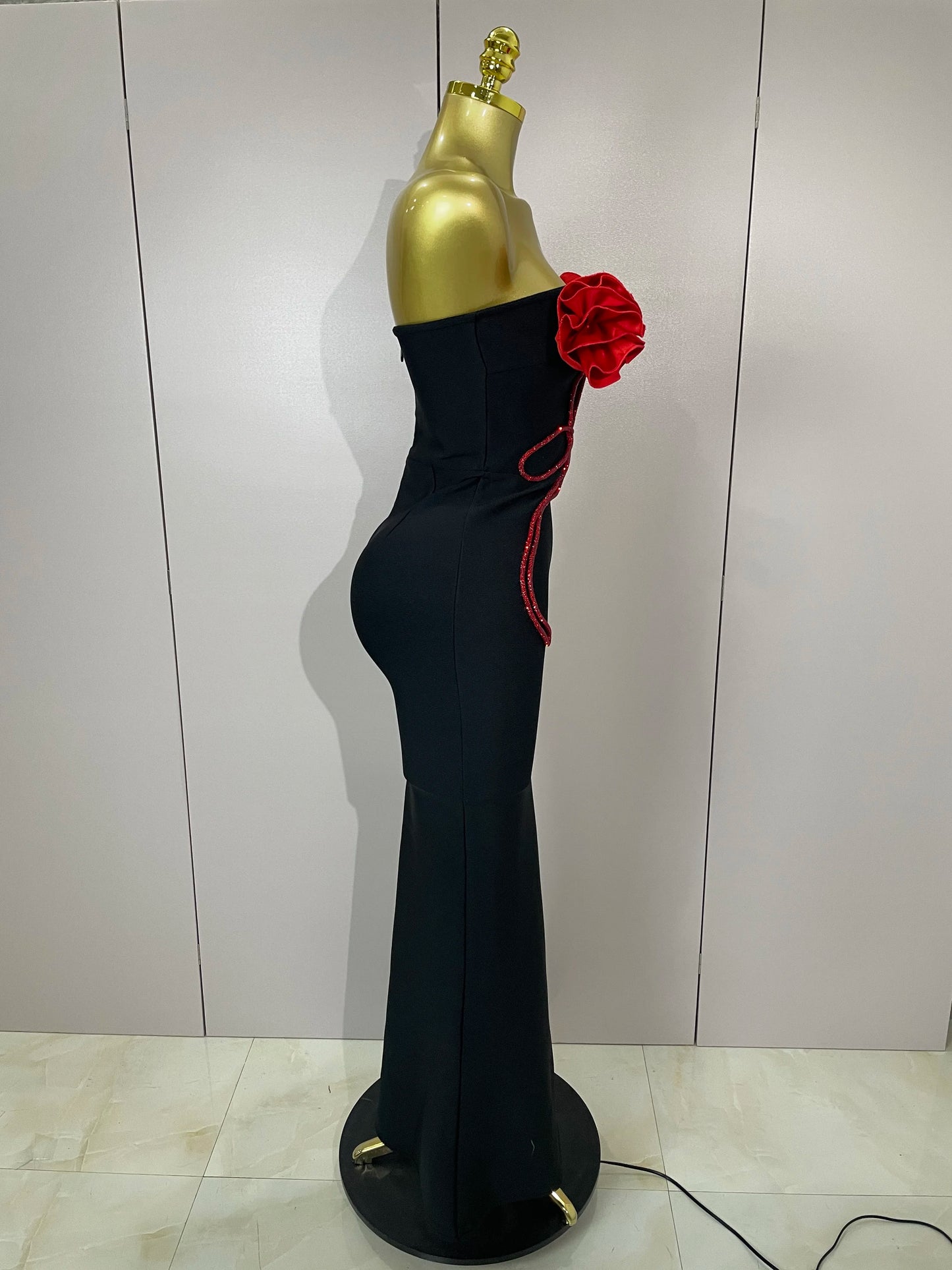 Black Off Shoulder Red Flower Bandage Long Dress Women Elegant Fshion Celebrity Party Dress