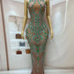 Silver Green Rhinestones Flower Backless Dress