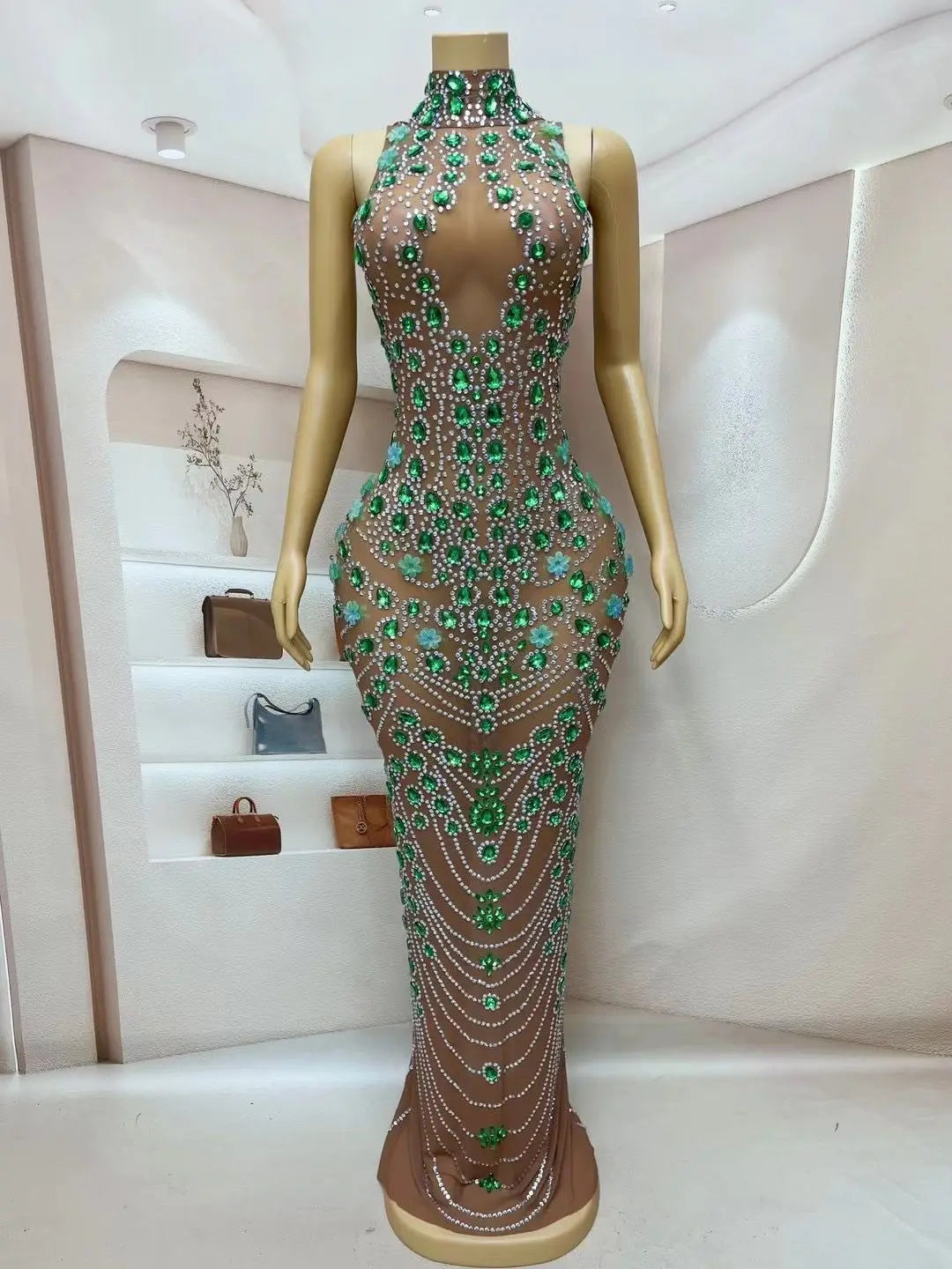 Silver Green Rhinestones Flower Backless Dress