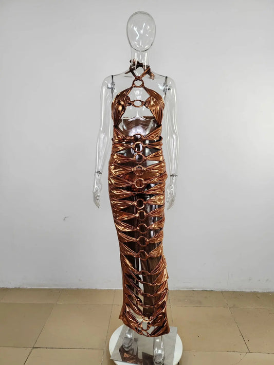 Metallic Metal Buckle Halter Neck caged Dress